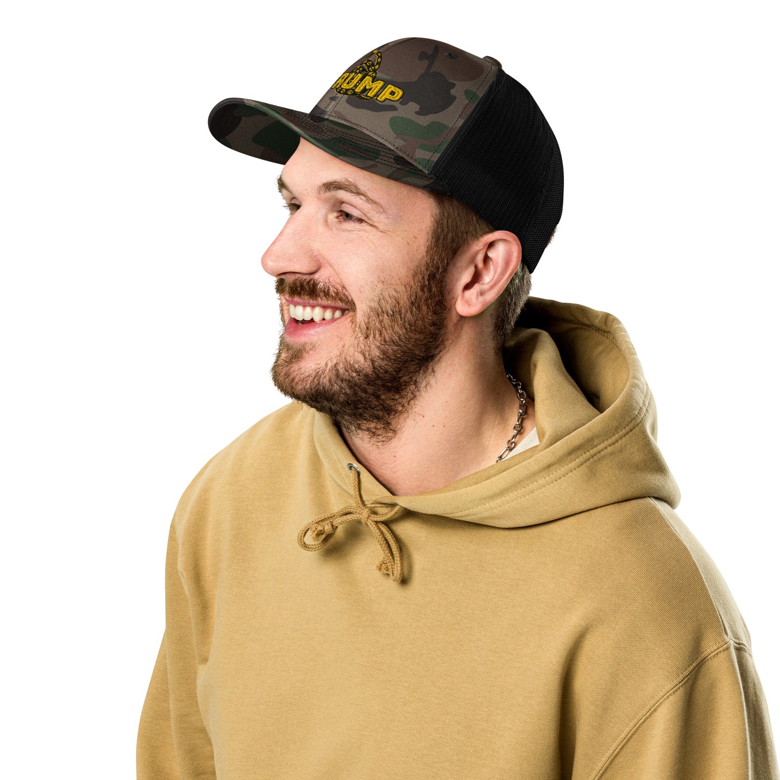 TRUMP Gadsden Snake Camo Trucker Hat – Don’t Tread on MAGA!