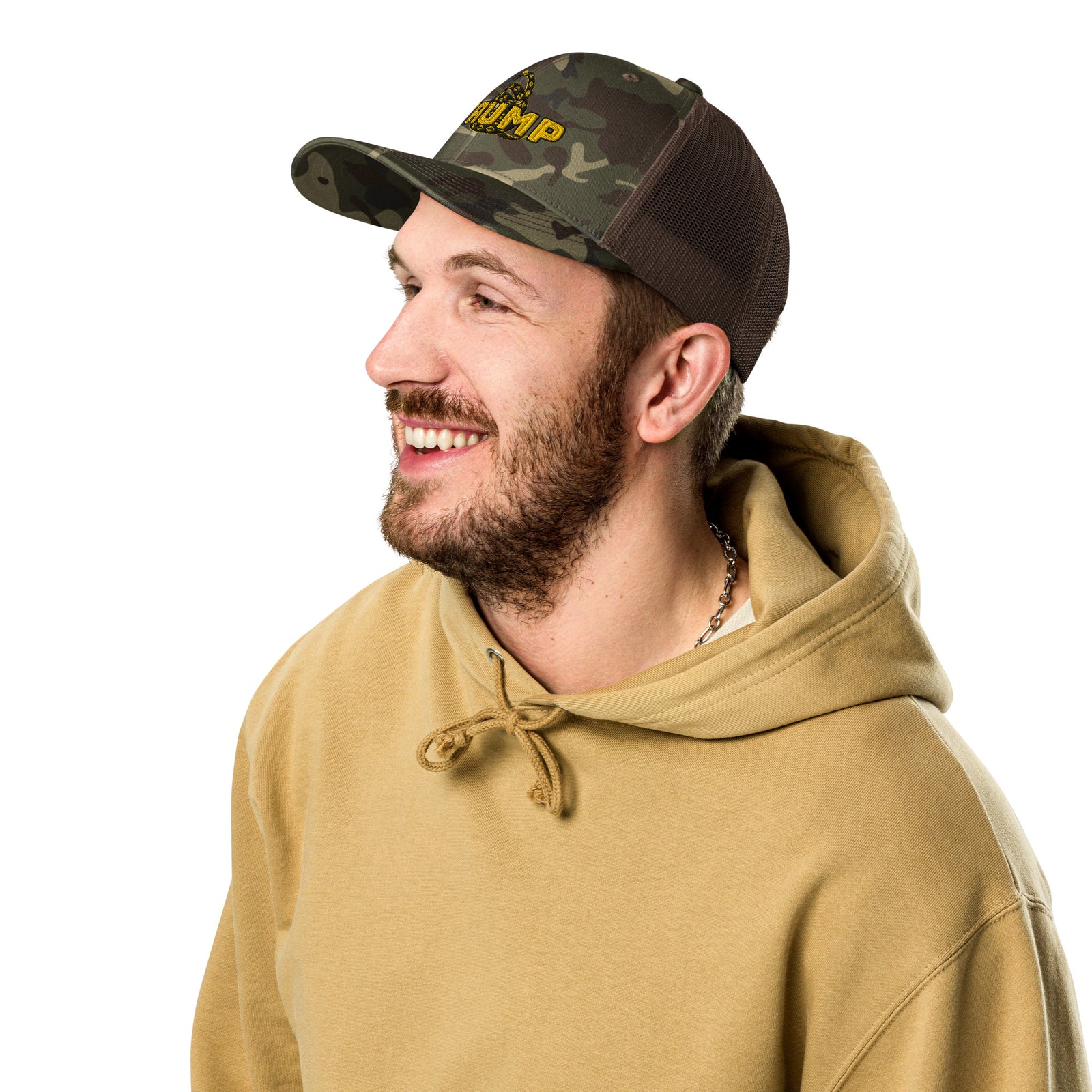 TRUMP Gadsden Snake Camo Trucker Hat – Don’t Tread on MAGA!