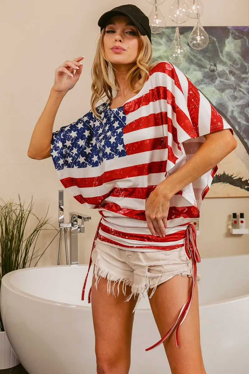 American Flag Printed Side Ruched Knit Top