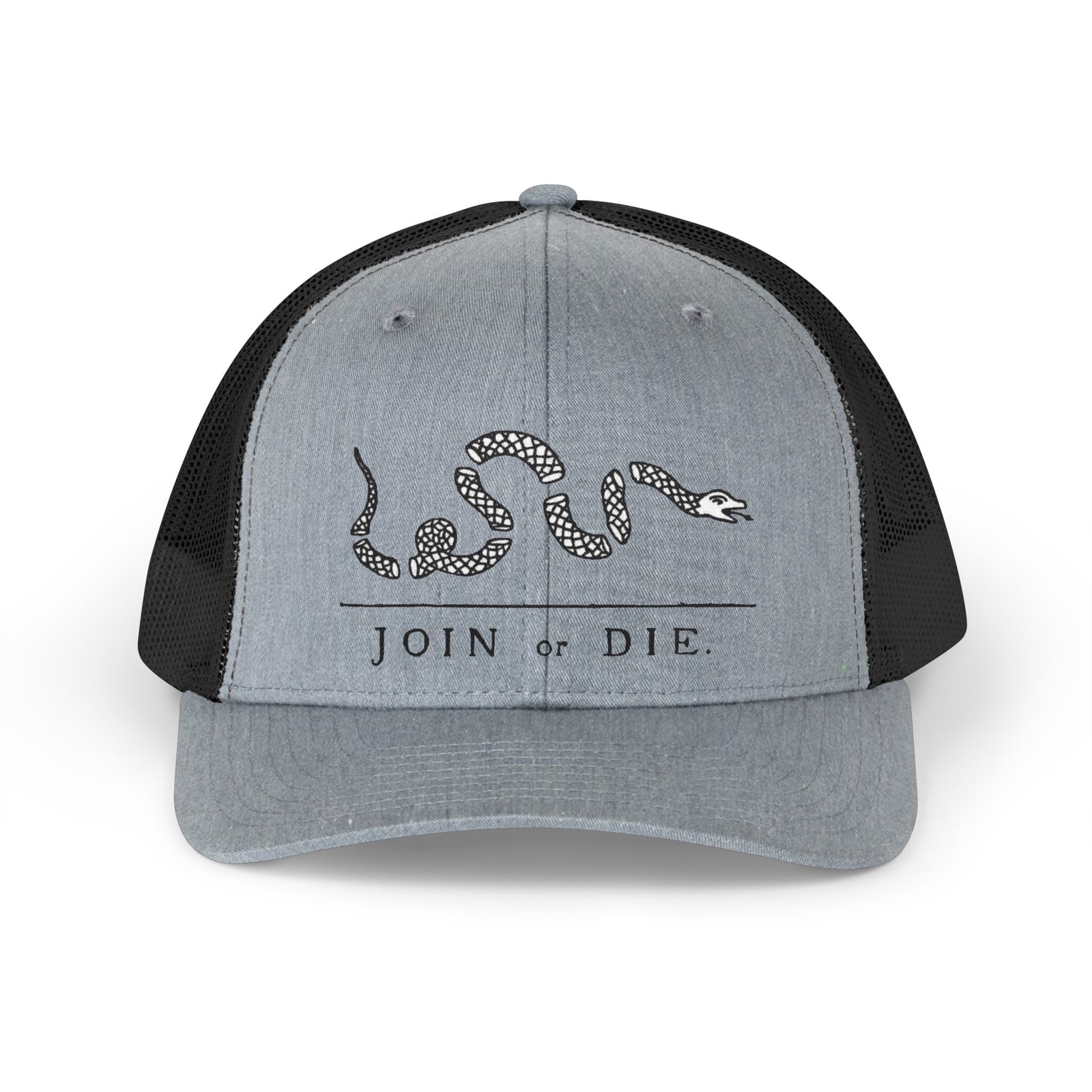 Join or Die Trucker Hat — Retro Colonial Snake Mesh Cap