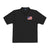 Black polo shirt with a small flag patch on a white background