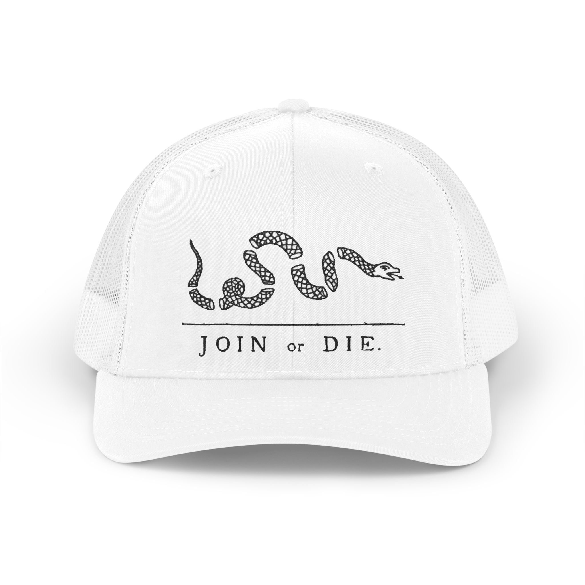 Join or Die Trucker Hat — Retro Colonial Snake Mesh Cap