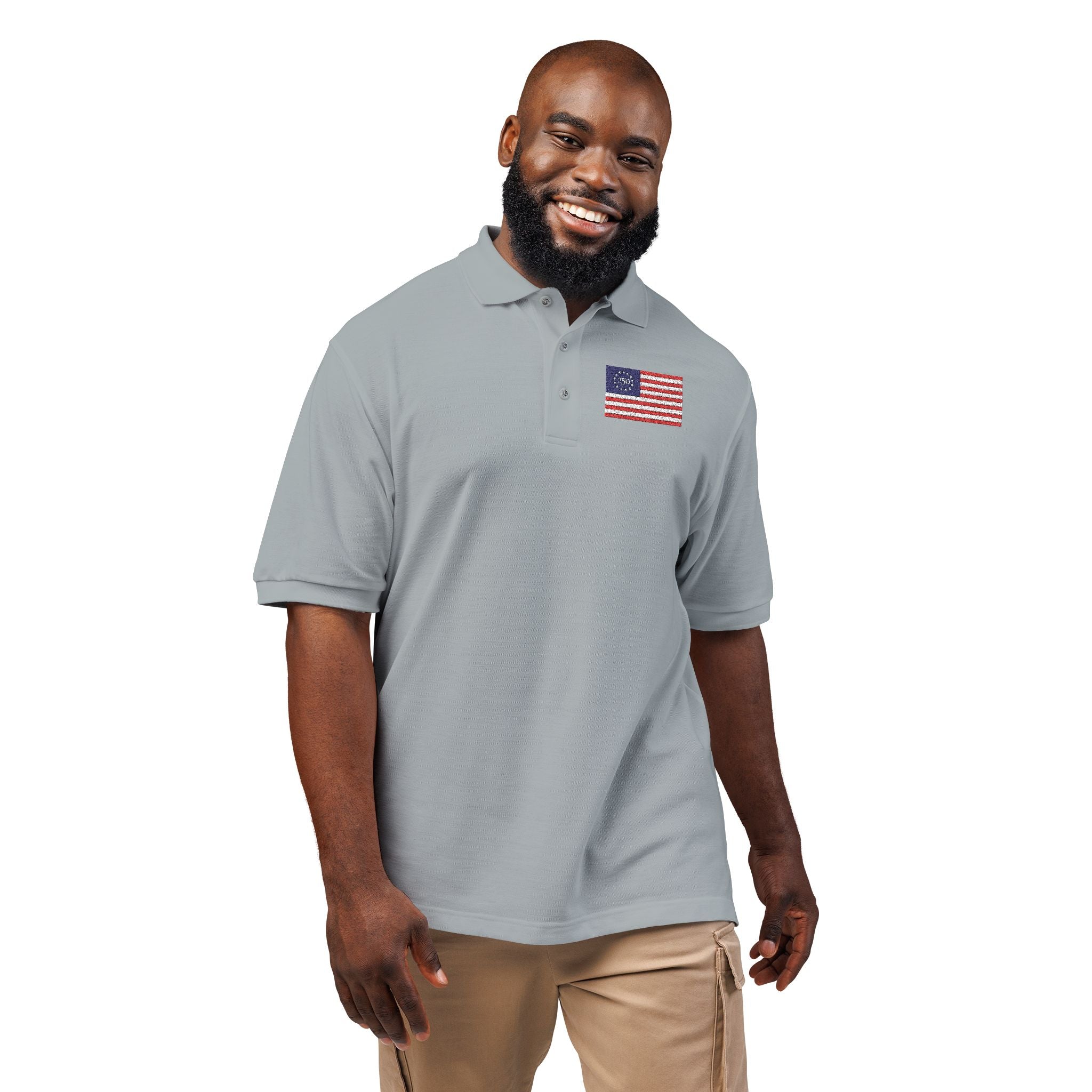 250th Anniversary Embroidered American Flag Polo Shirt — Classic Patriotic Polo - 4LibertyShop.com