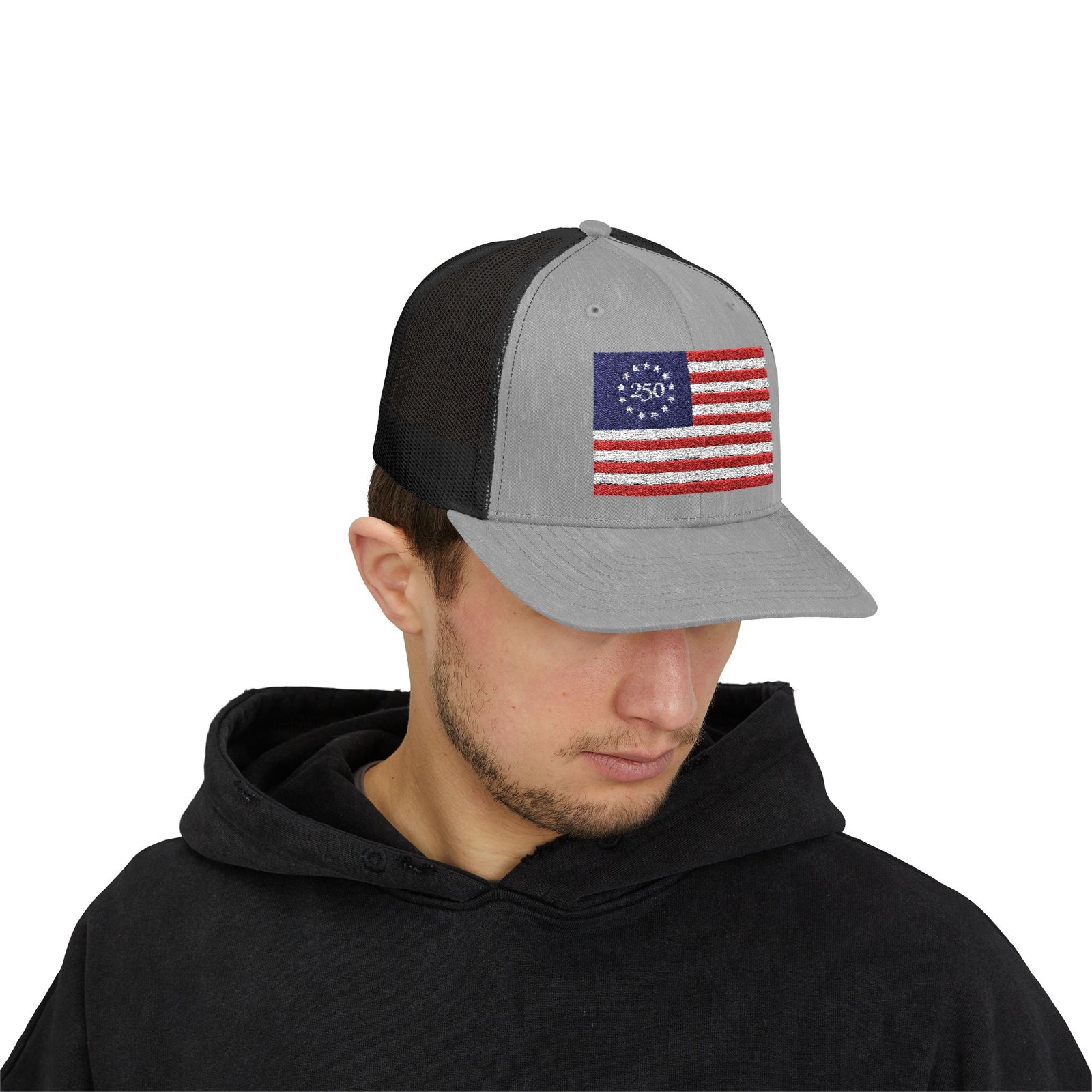 Betsy Ross Flag Snapback Trucker Cap — 250th Anniversary Vintage 13-Star American Flag Hat - 4LibertyShop.com