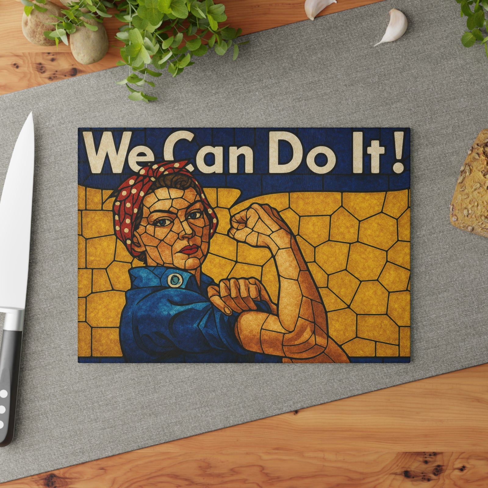 Stained Glass Rosie the Riveter Glass Cutting Board