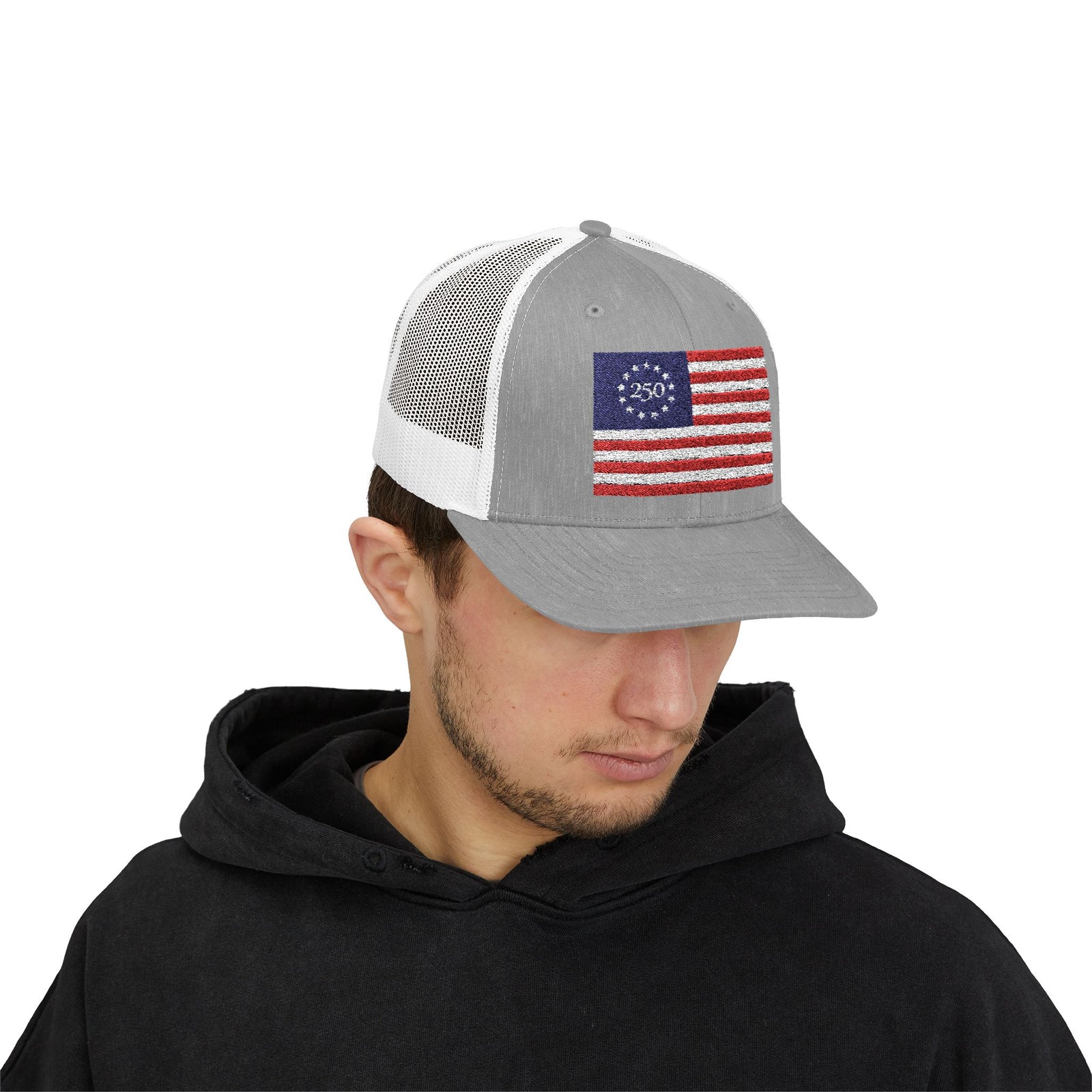 Betsy Ross Flag Snapback Trucker Cap — 250th Anniversary Vintage 13-Star American Flag Hat - 4LibertyShop.com