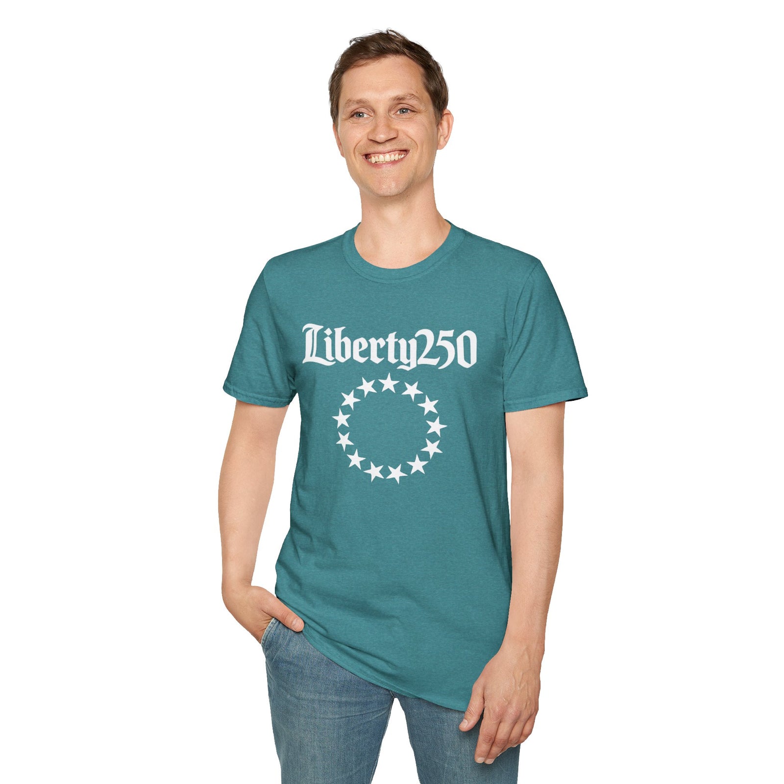 Liberty250 T-Shirt — Vintage Betsy Ross Star Circle Patriotic Tee - 4LibertyShop.com