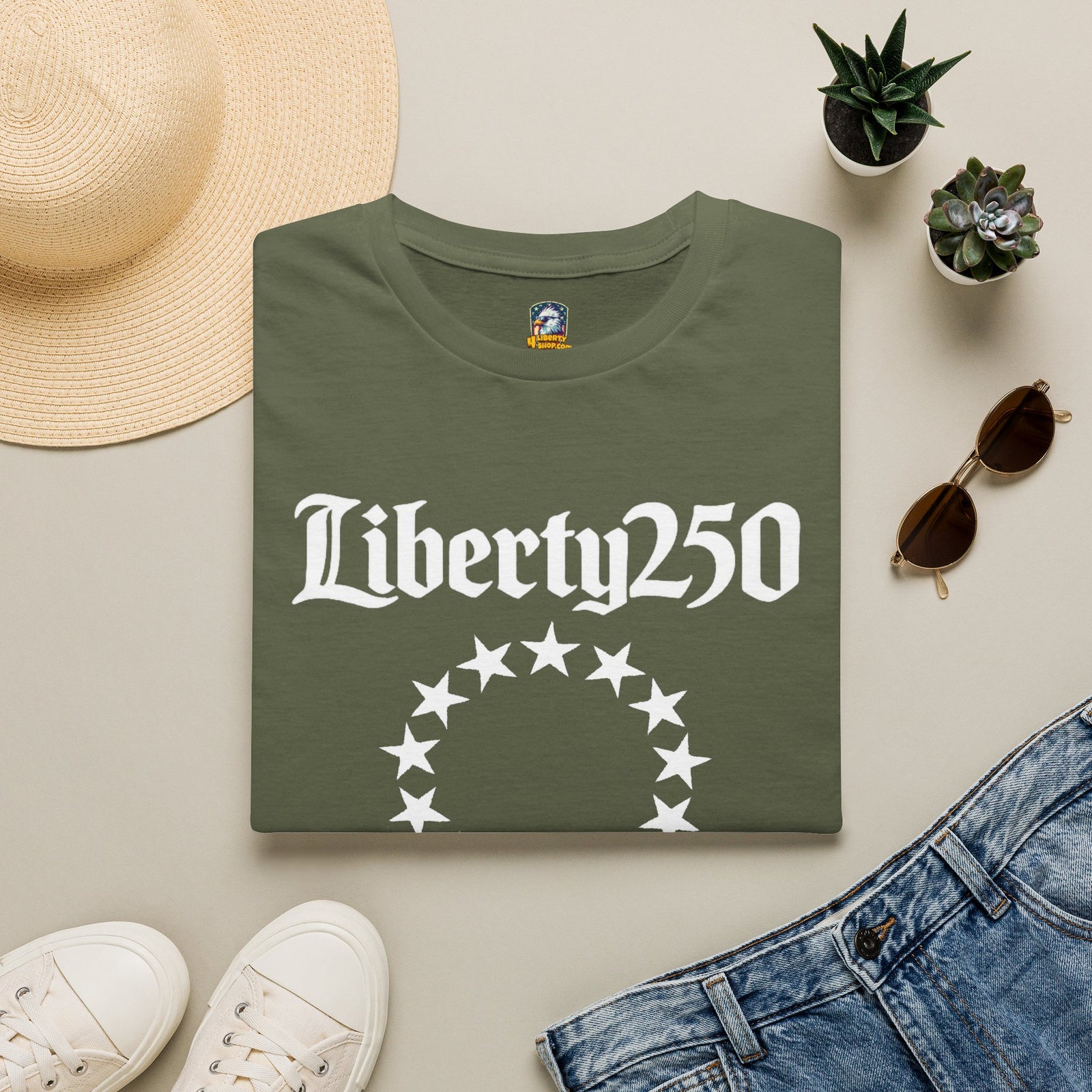 Liberty250 T-Shirt — Vintage Betsy Ross Star Circle Patriotic Tee - 4LibertyShop.com