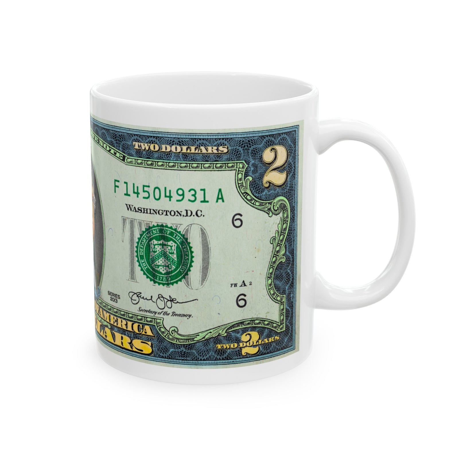 2 Dollar Thomas Jefferson Ceramic Mug, (11oz, 15oz)