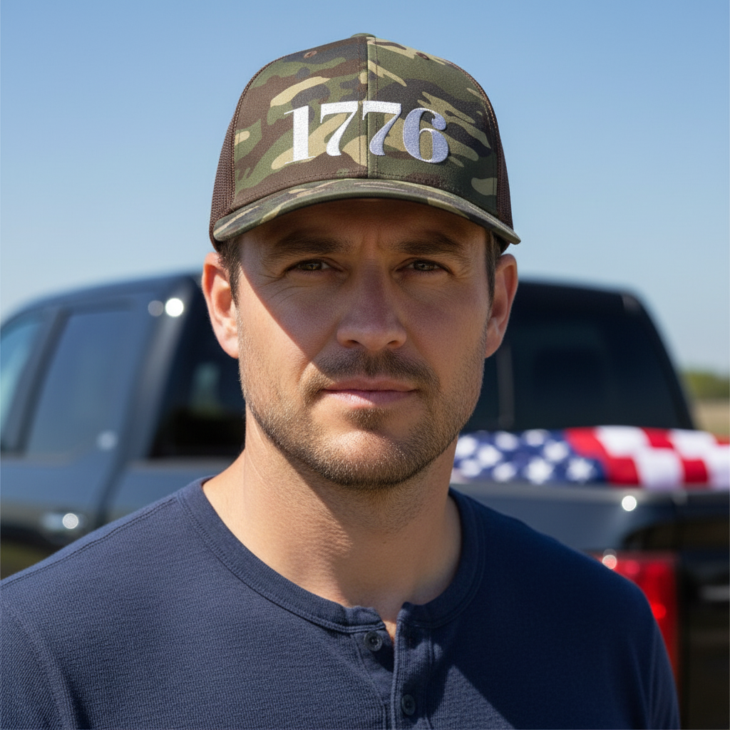 1776 Camo Trucker Hat — Close-Up Lifestyle