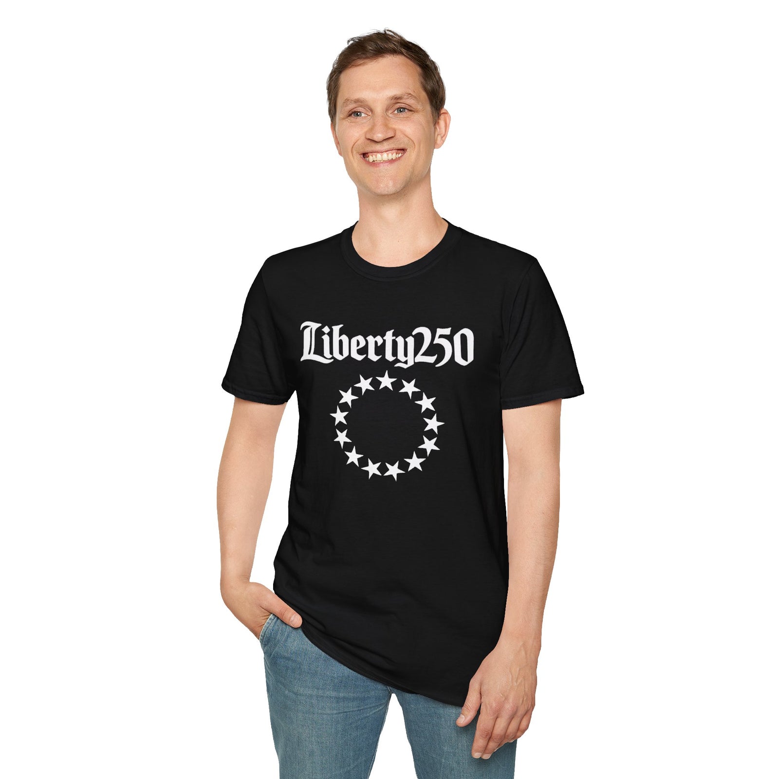 Liberty250 T-Shirt — Vintage Betsy Ross Star Circle Patriotic Tee - 4LibertyShop.com