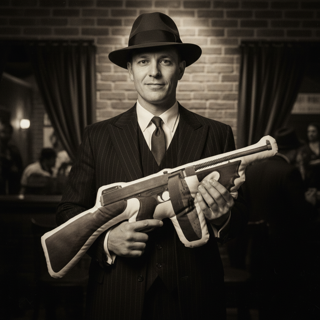 1920s Gangster with Tommy Gun Pillow