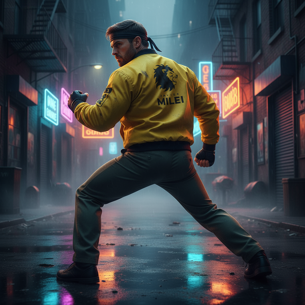 1980s martial artist in Javier Milei bomber jacket - three-quarter back view with lion design