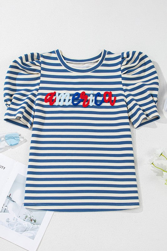 Stripe America Cursive Graphic Puff Sleeve T-shirt