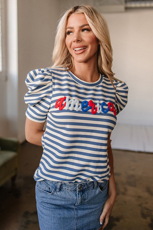 Stripe America Cursive Graphic Puff Sleeve T-shirt