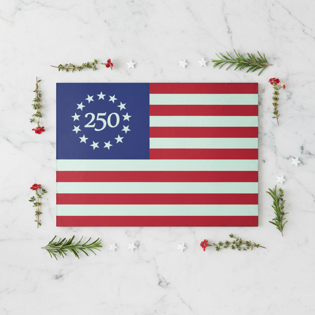 250th Anniversary American Flag Glass Cutting Board - Top Down Shot