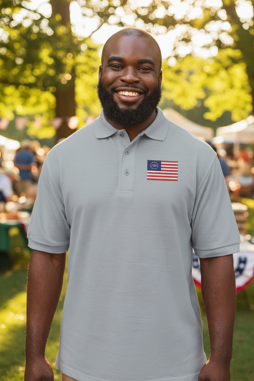 250th Anniversary Embroidered American Flag Polo - Stylish Editorial Mockup