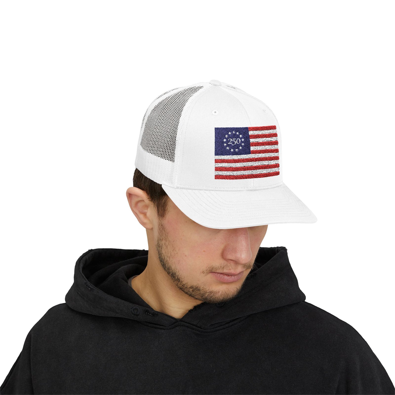 Betsy Ross Flag Snapback Trucker Cap — 250th Anniversary Vintage 13-Star American Flag Hat - 4LibertyShop.com
