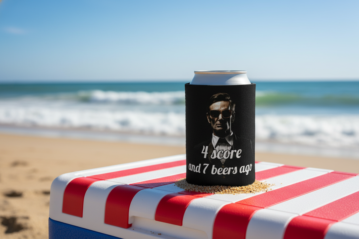 4 Score and 7 Beers Ago Abraham Lincoln koozie on cooler at beach