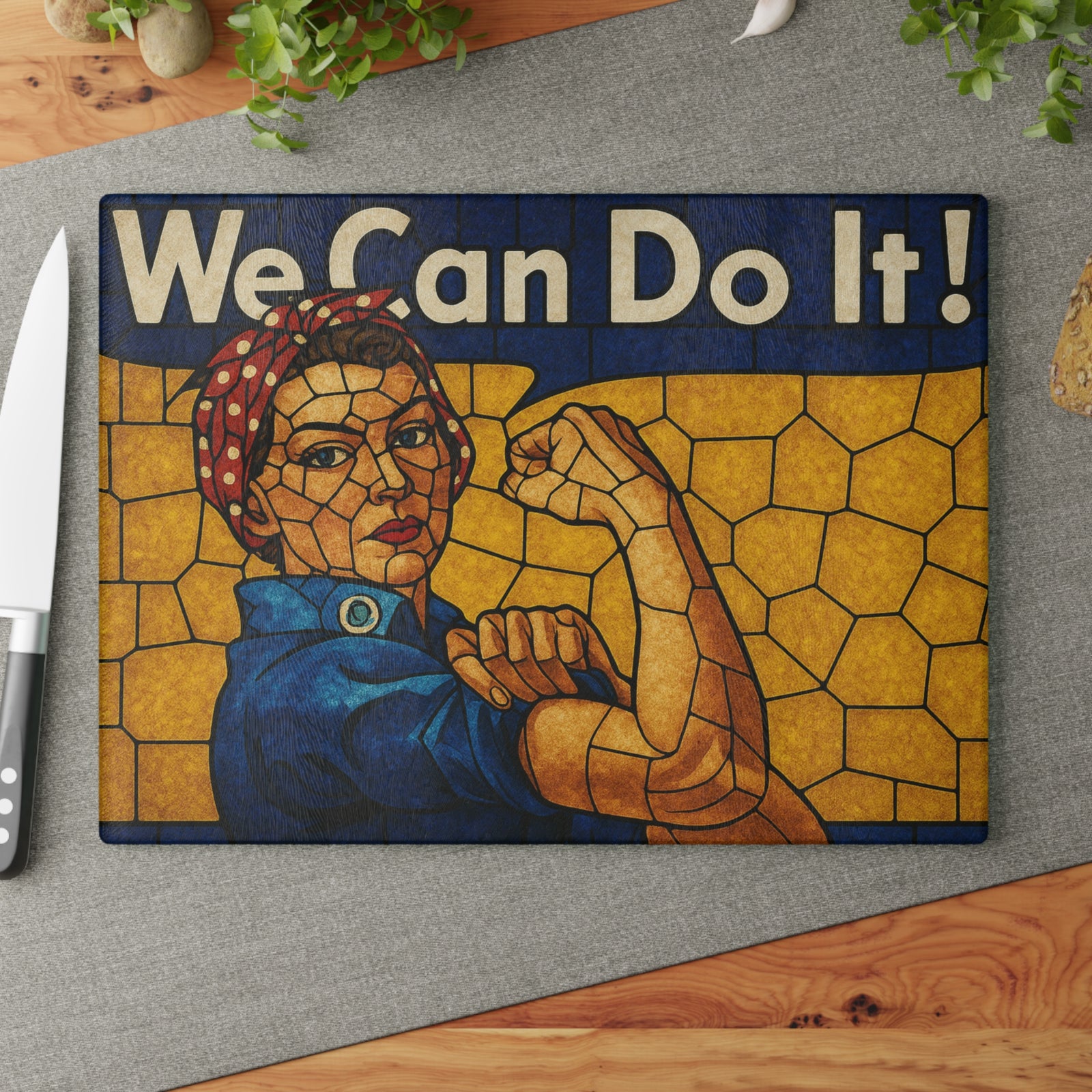 Stained Glass Rosie the Riveter Glass Cutting Board