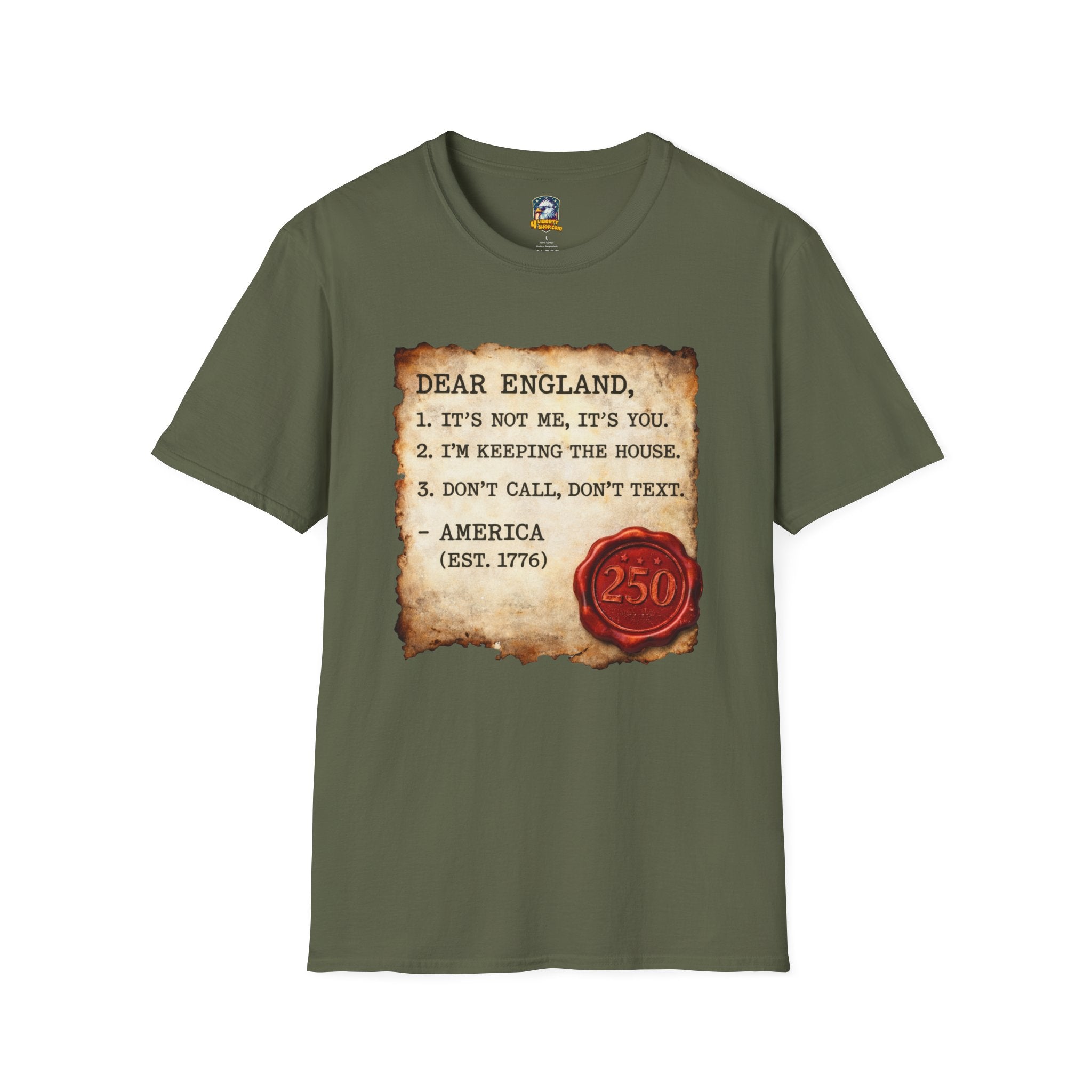Walton & Johnson Independence 250 T-Shirt — "Dear England" Colonial Humor Tee - 4LibertyShop.com