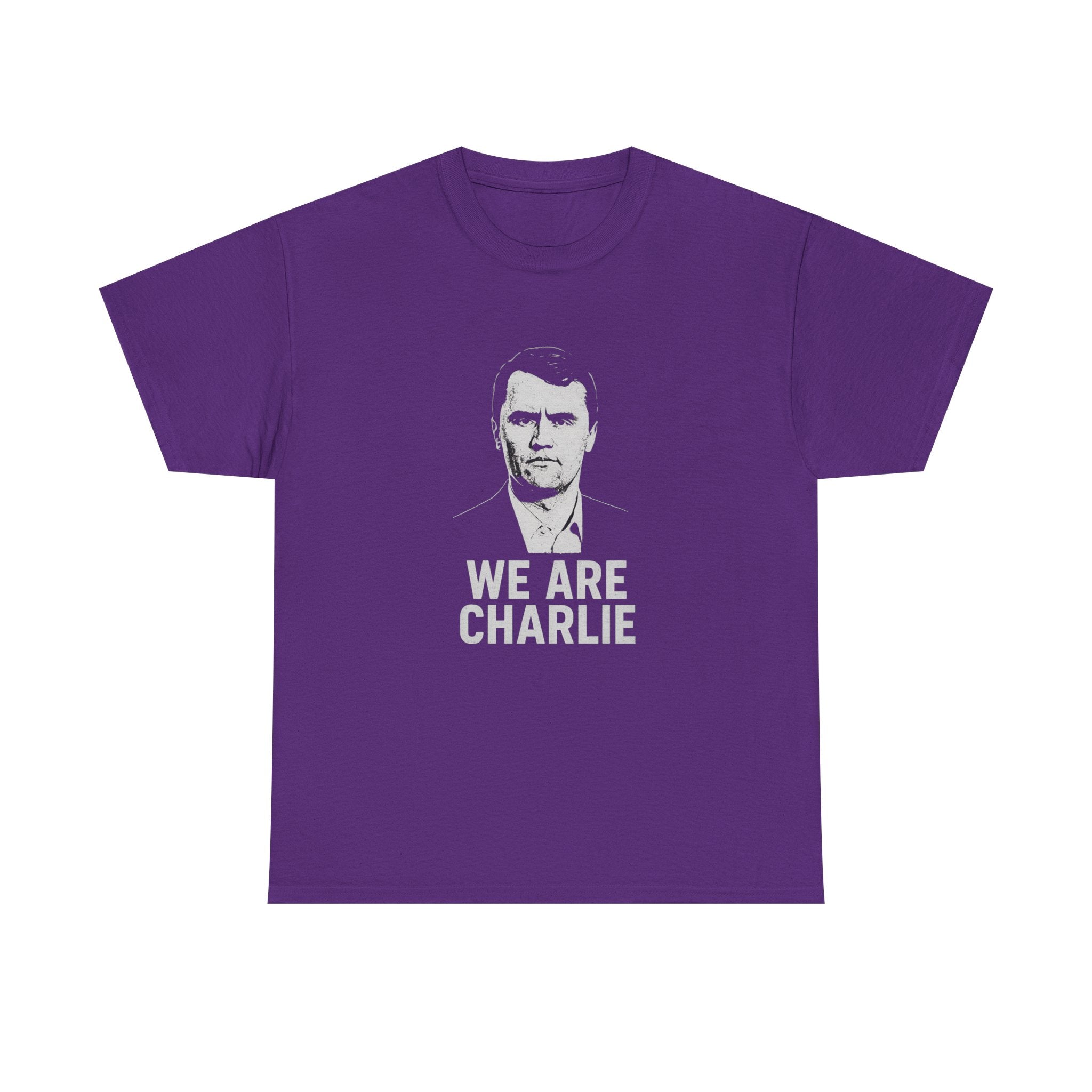 Purple t-shirt with a graphic and 'WE ARE CHARLIE' text on a white background