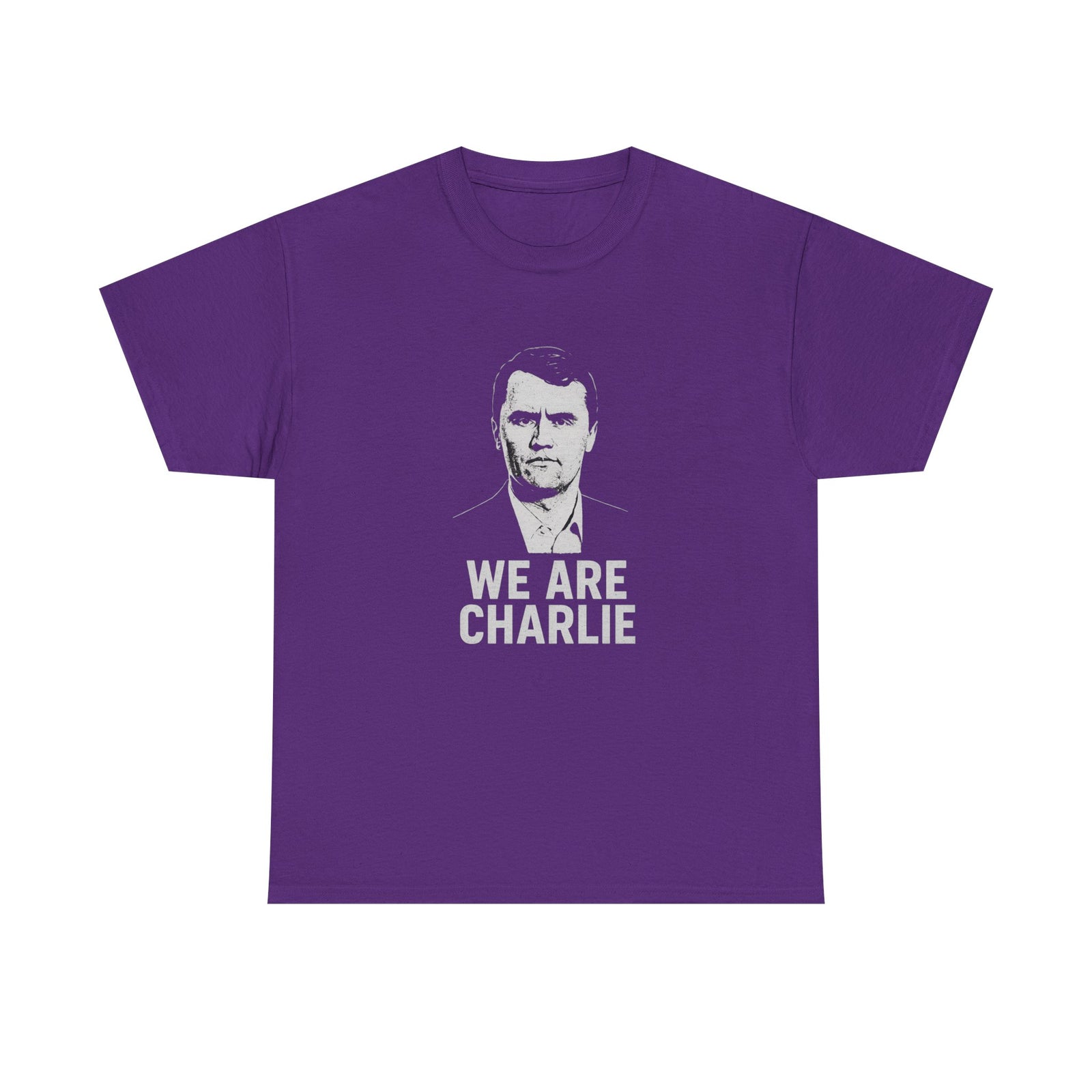 Purple t-shirt with a graphic and 'WE ARE CHARLIE' text on a white background