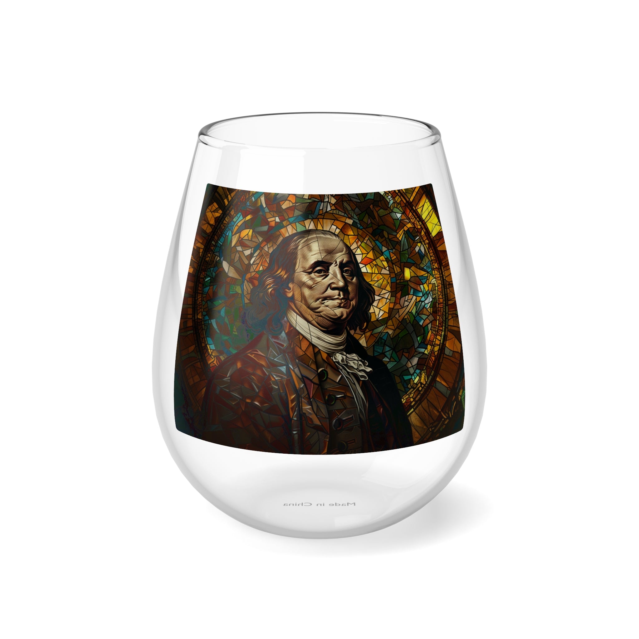 Stained Glass Benjamin Franklin Stemless Wine Glass, 11.75oz