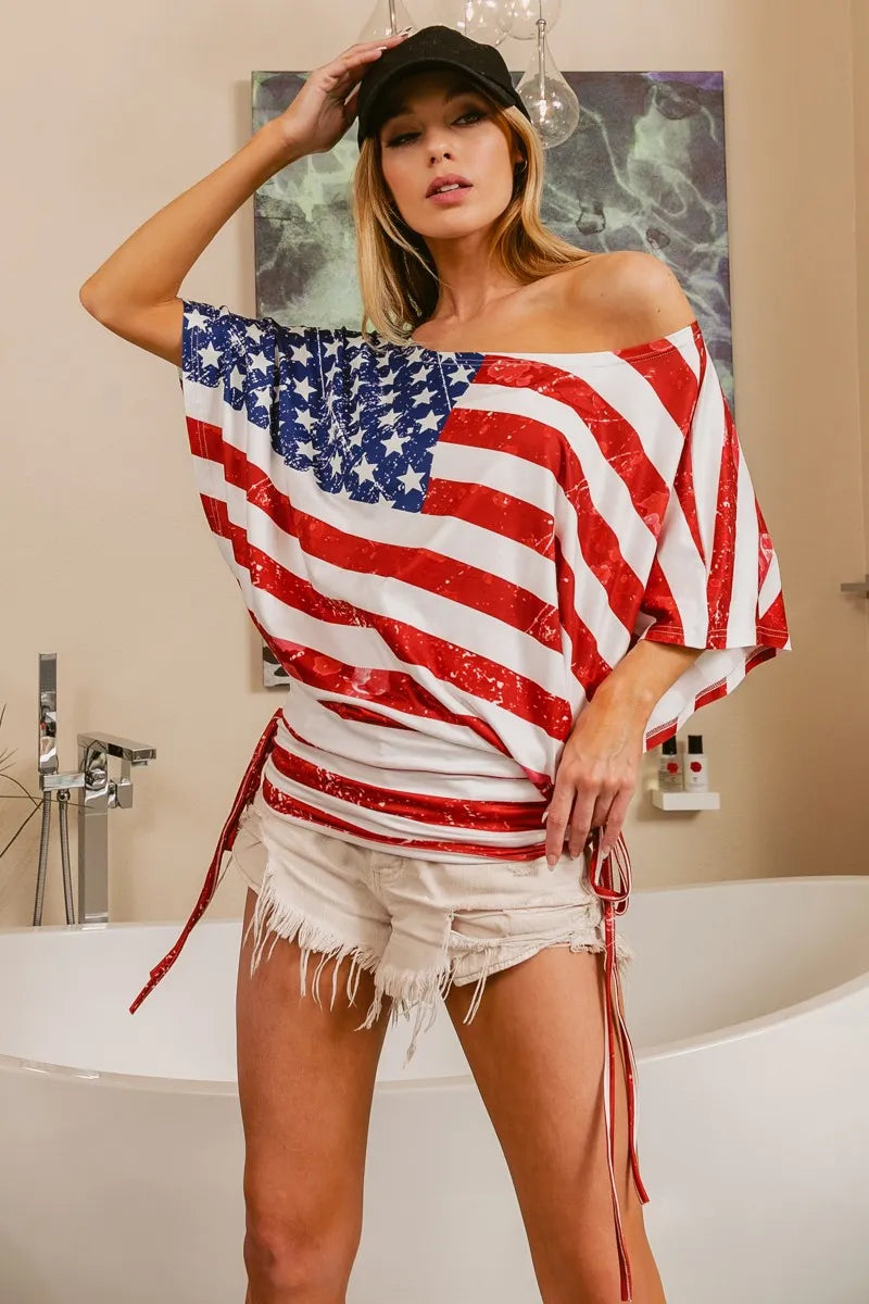 American Flag Printed Side Ruched Knit Top