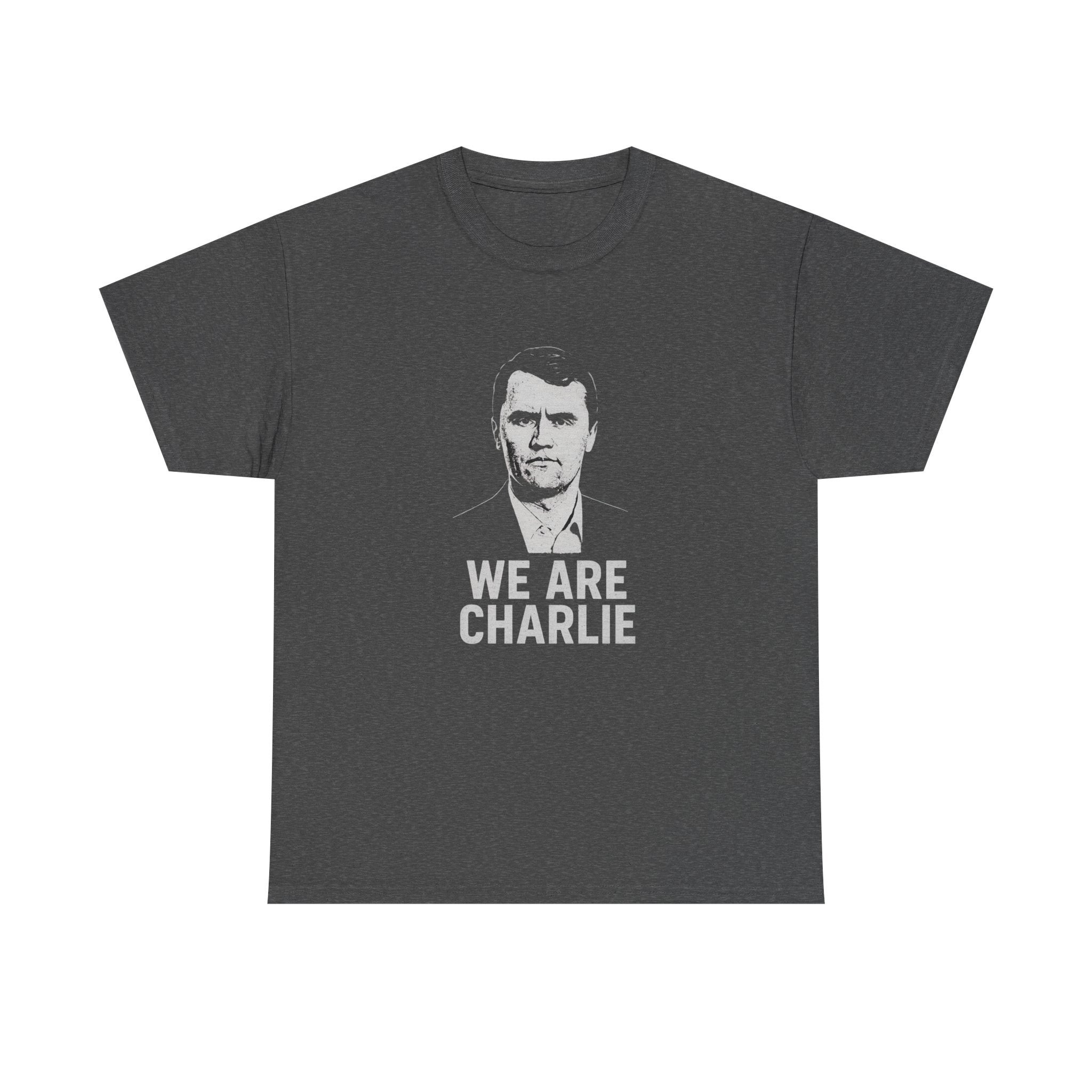 Dark gray t-shirt with a graphic of a person and 'WE ARE CHARLIE' text on a white background