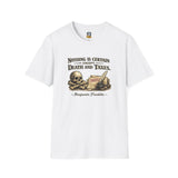 Benjamin Franklin Quote T-Shirt — "Nothing Is Certain Except Death and Taxes" Vintage Skull Design - 4LibertyShop.com