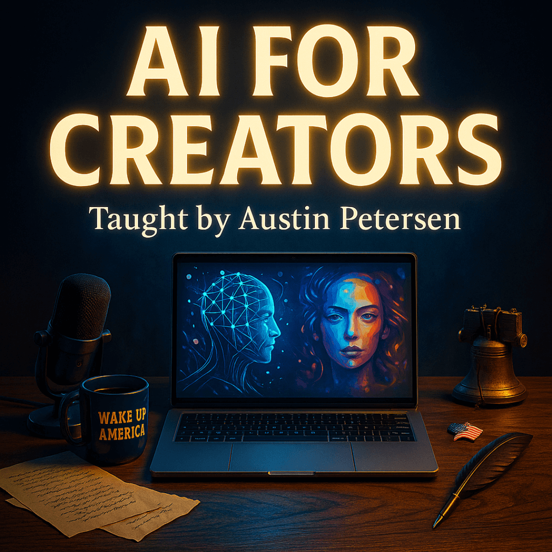 Laptop on a desk with 'AI for Creators' text and Austin Petersen's name