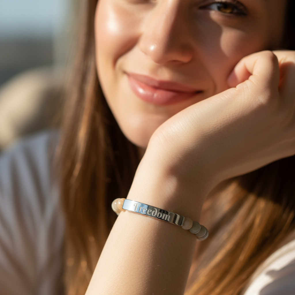 Engraved Natural Stone Stretch Bar Bracelet — "Freedom" Inspirational Beaded Bracelet — 4LibertyShop.com