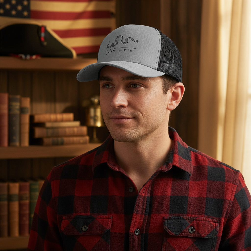 Join or Die Snake Trucker Cap — Historical Revolutionary Snapback Hat