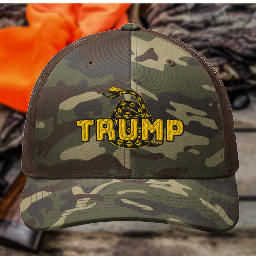 TRUMP Gadsden Snake Camo Trucker Hat – Don’t Tread on MAGA!