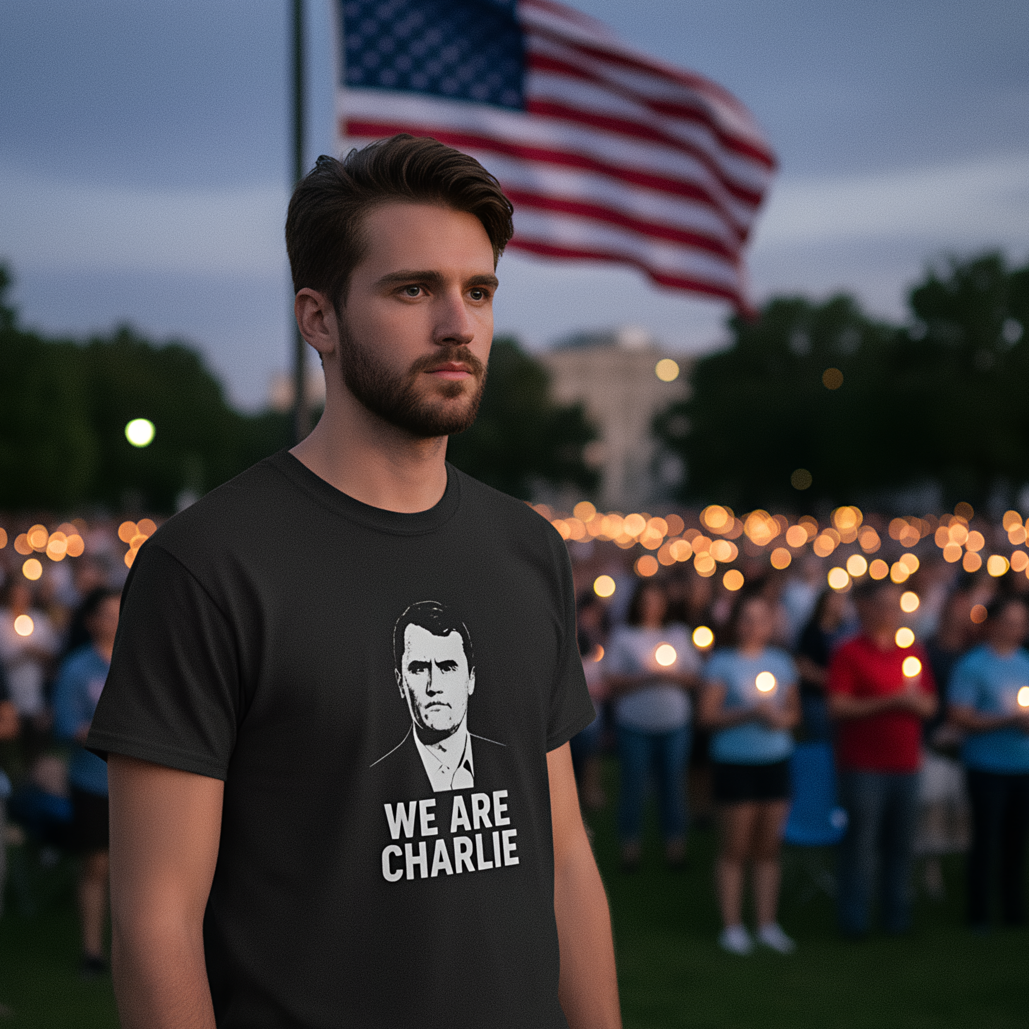 Man wearing a black t-shirt with 'We Are Charlie' graphic in front of an American flag and crowd.