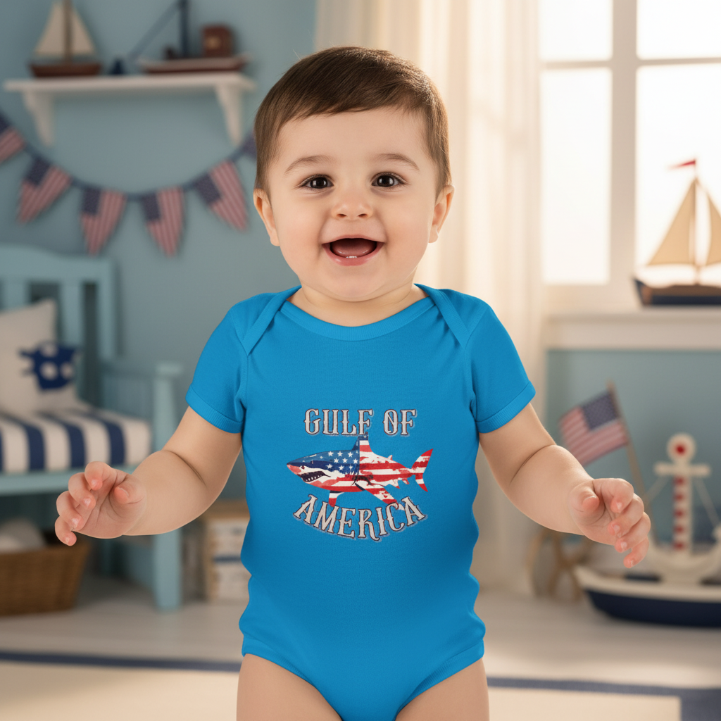 Baby wearing Gulf of America Shark Onesie - nautical nursery setting