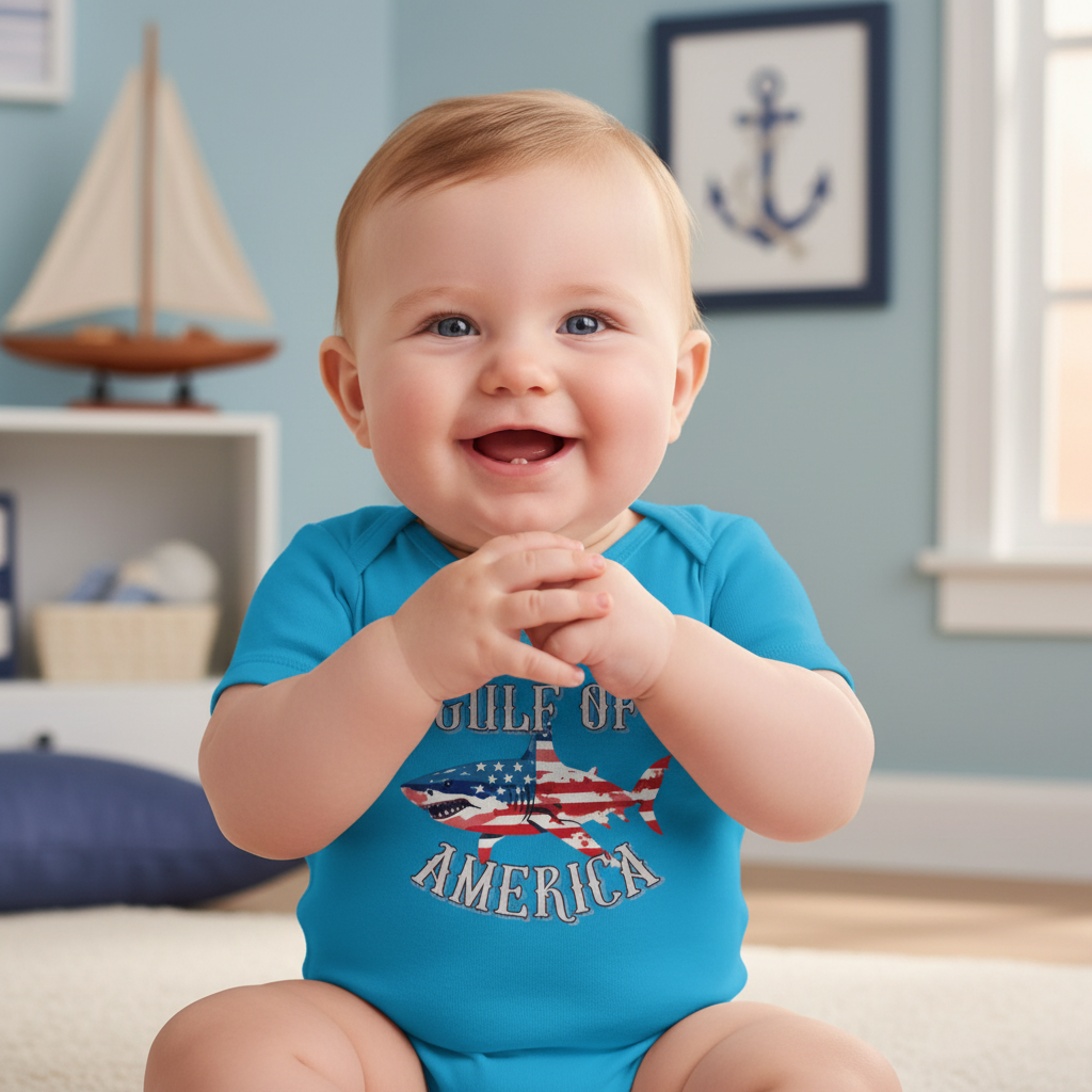 Baby wearing Walton & Johnson Gulf of America Shark Onesie - regenerated