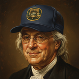 Benjamin Franklin close-up with 250th Anniversary Trucker Hat