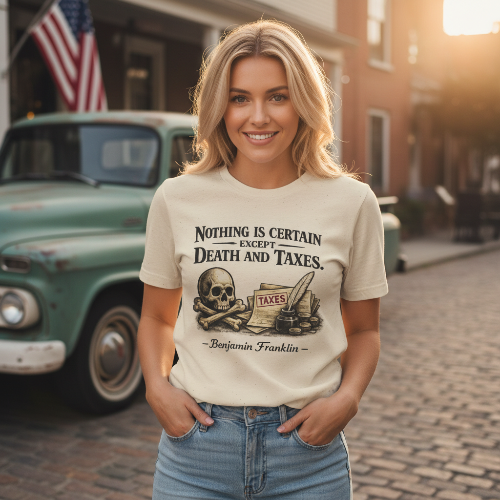 Benjamin Franklin Death & Taxes Cream T-Shirt Lifestyle Mockup