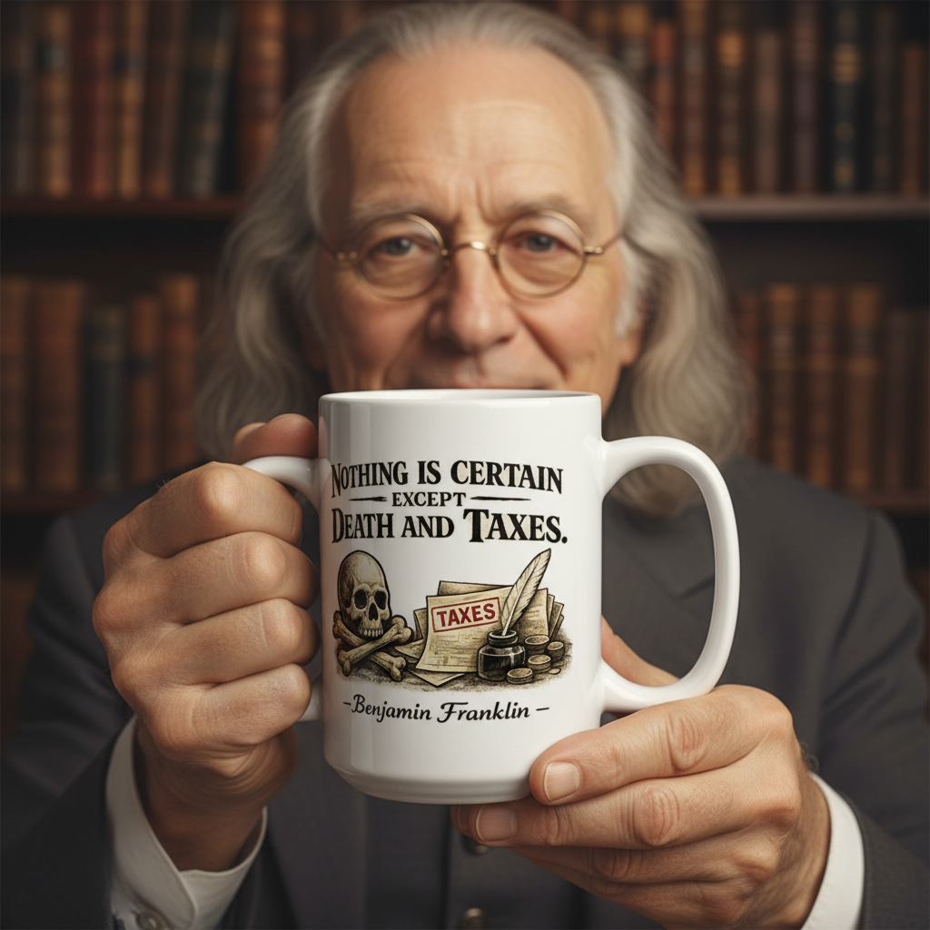 Benjamin Franklin Death & Taxes Mug Close-Up