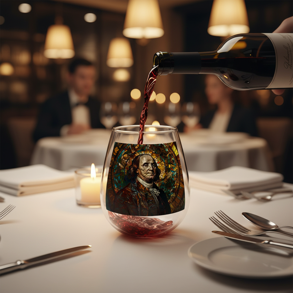 Benjamin Franklin Stained Glass Wine Glass at Fancy Restaurant