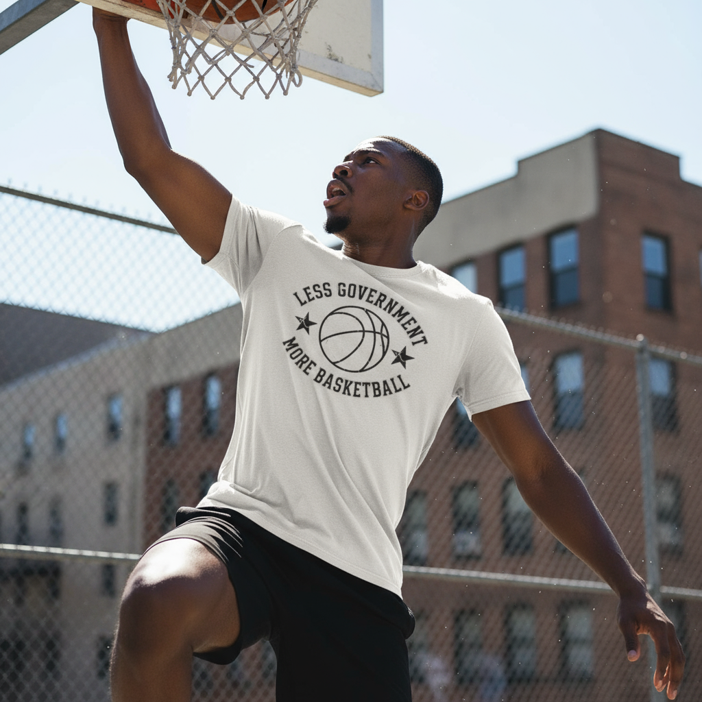 Black Basketball Player Wearing Less Government More Basketball T-Shirt