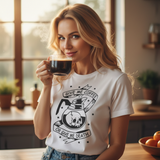 Blonde woman with coffee wearing Give Me Coffee or Give Me Death shirt