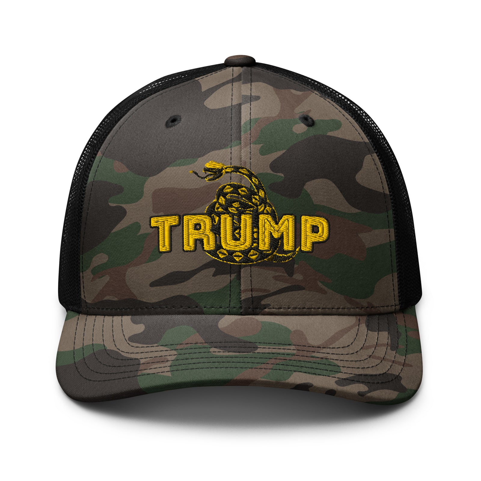 TRUMP Gadsden Snake Camo Trucker Hat – Don’t Tread on MAGA!