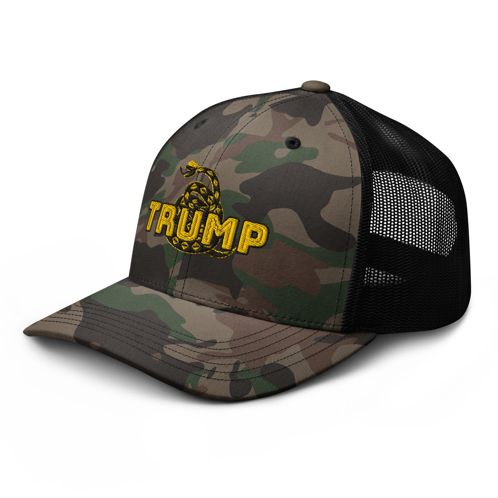 TRUMP Gadsden Snake Camo Trucker Hat – Don’t Tread on MAGA!