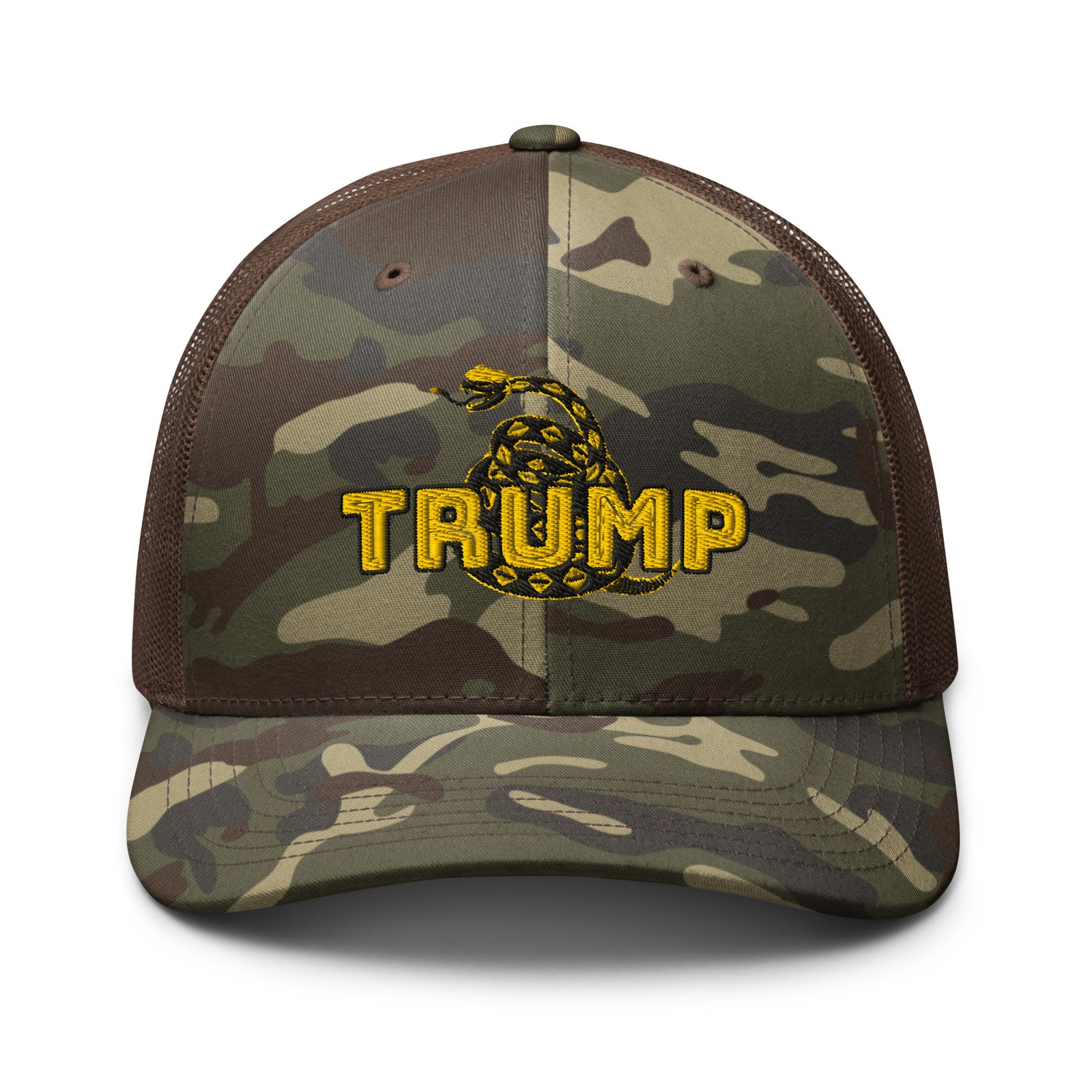 TRUMP Gadsden Snake Camo Trucker Hat – Don’t Tread on MAGA!