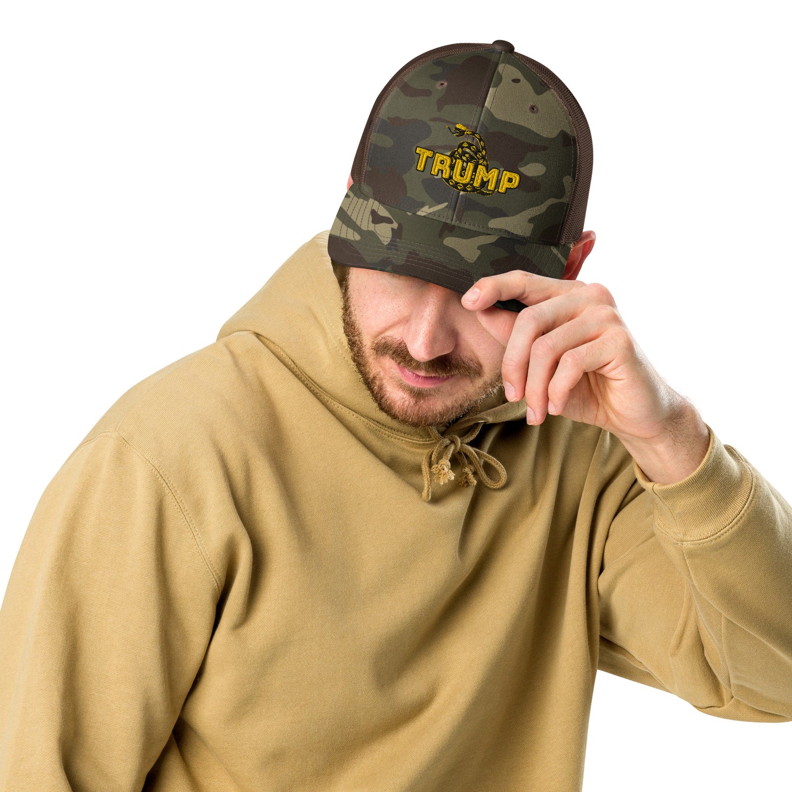 TRUMP Gadsden Snake Camo Trucker Hat – Don’t Tread on MAGA!