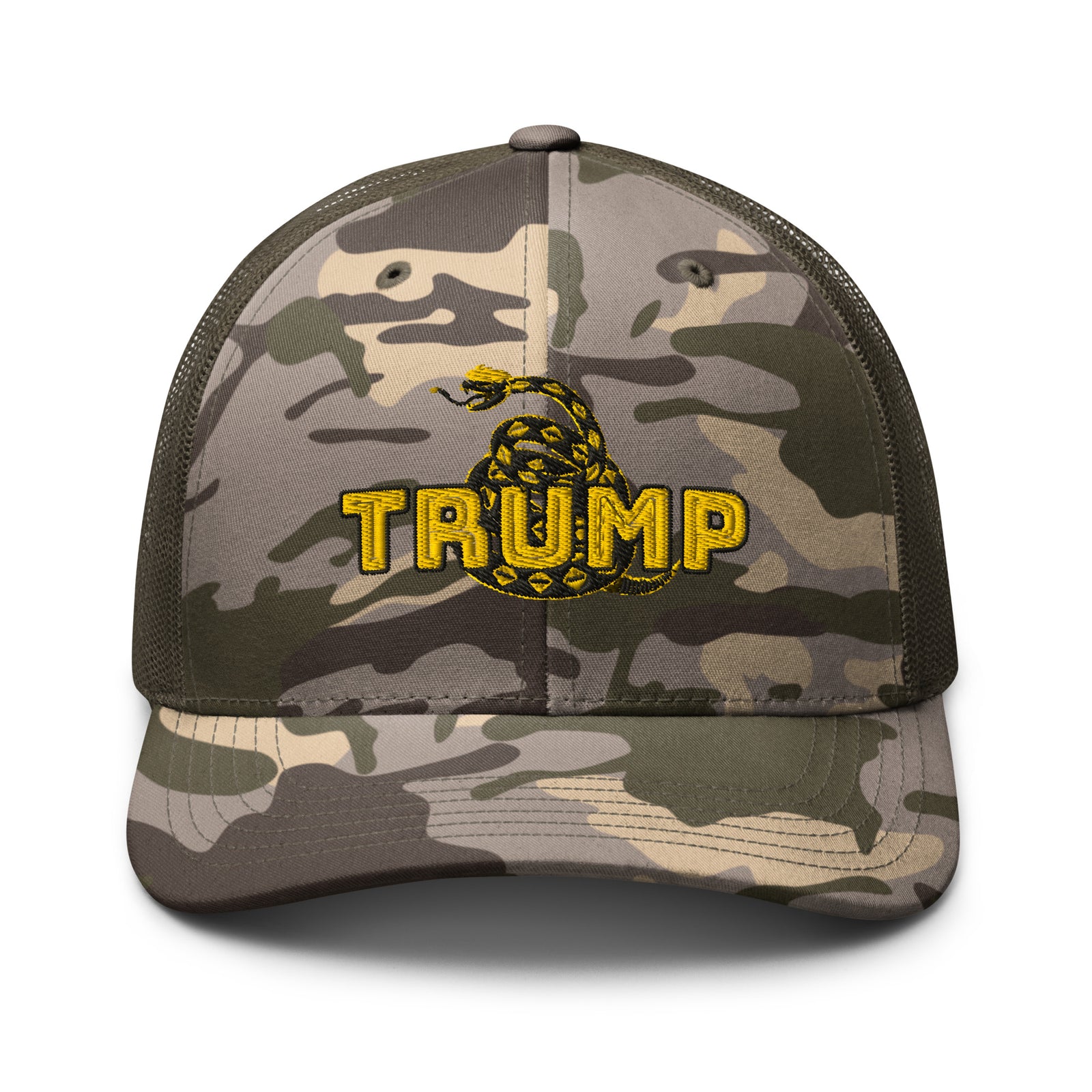 TRUMP Gadsden Snake Camo Trucker Hat – Don’t Tread on MAGA!