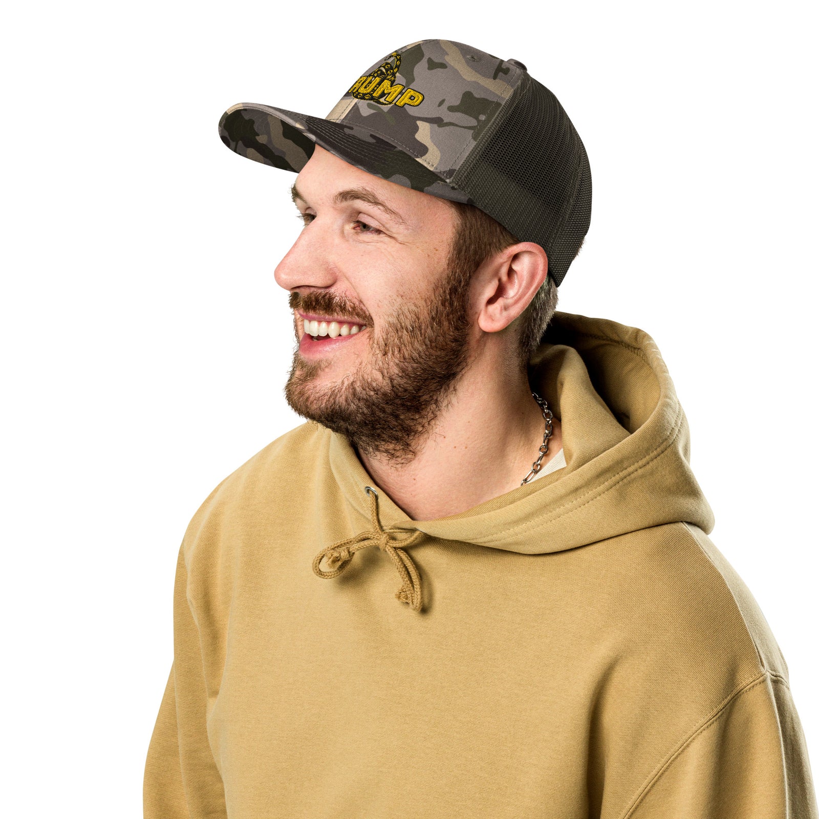 TRUMP Gadsden Snake Camo Trucker Hat – Don’t Tread on MAGA!